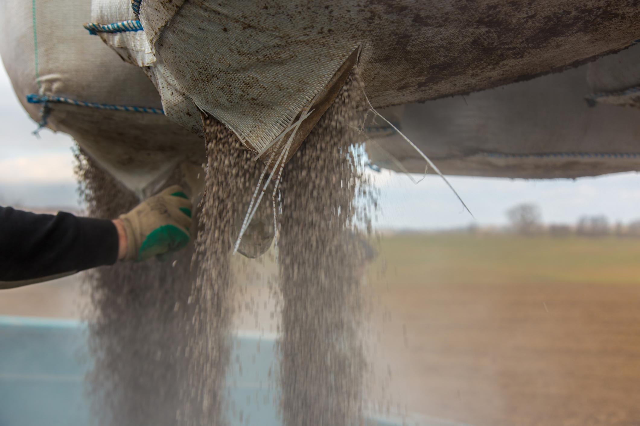 Fertiliser flowing from a bulk bag, demonstrating safe and efficient chemical packaging in use.