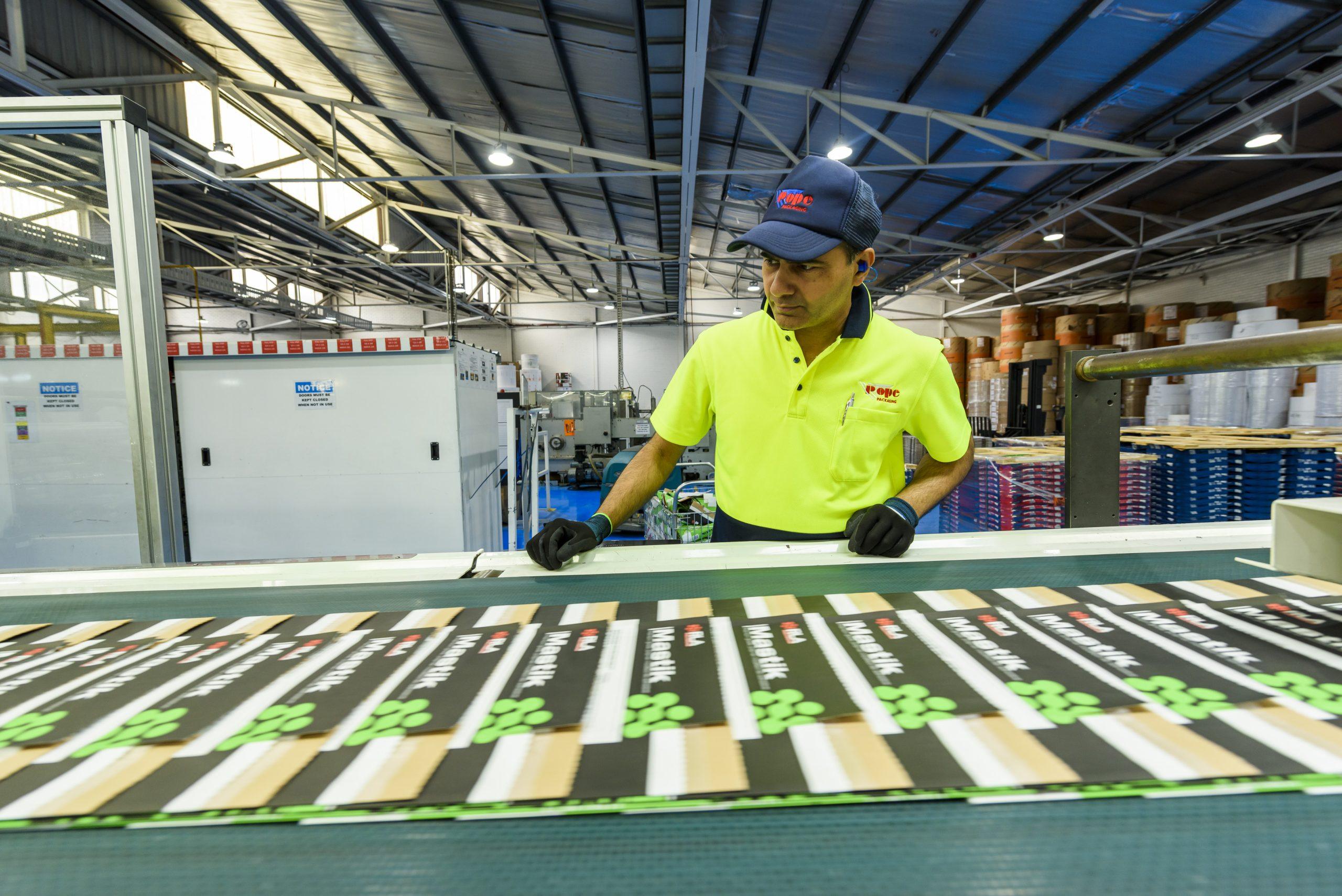 Paper sacks on conveyor for manufacturing.